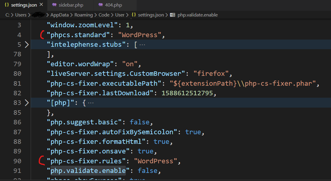Print screen of VS Code options for PHP CS and PHP CS Fixer, both extensions are using the WordPress standard for PHP