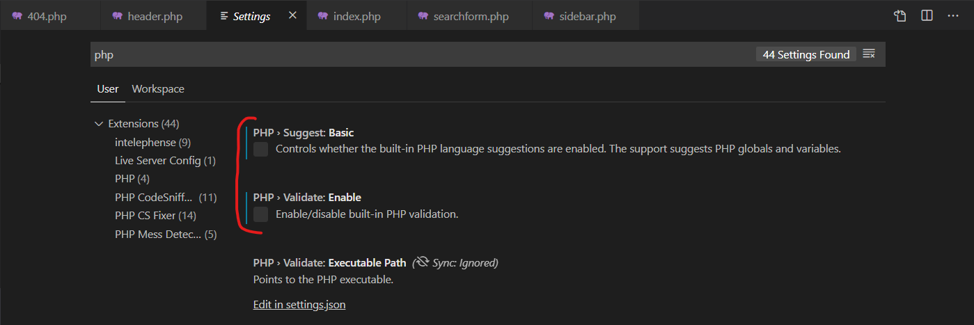 Captura de pantalla de las opciones de VS Code para PHP
